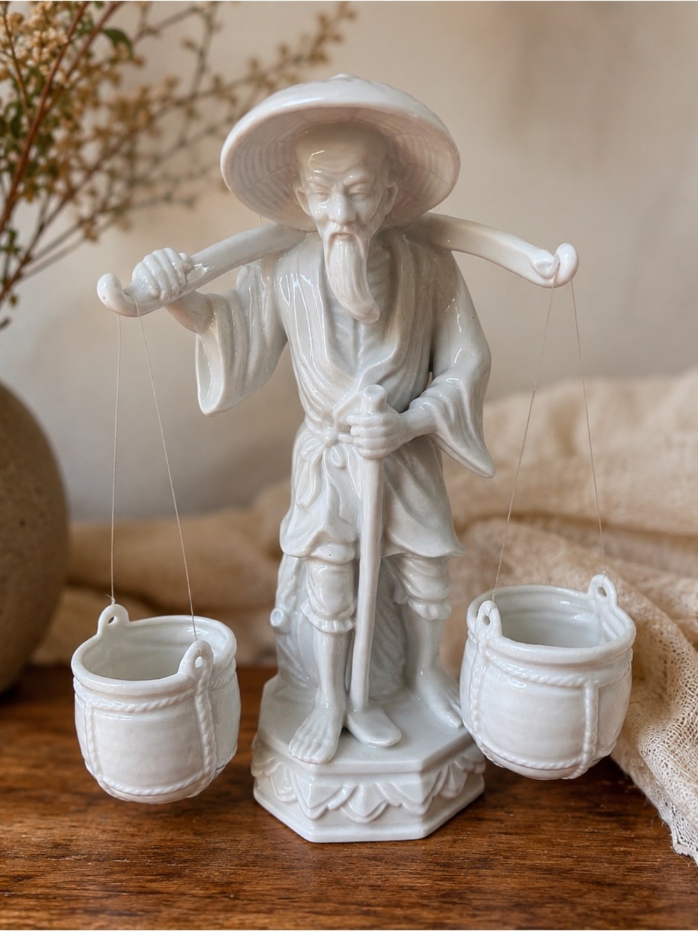 Vintage 12” Japan Porcelain Water Carrier Figurine w/ Hanging Buckets